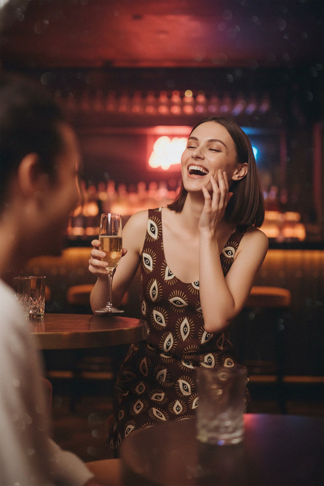 Stylish printed mini dress and maroon jacket outfit showcased in a modern bar environment.