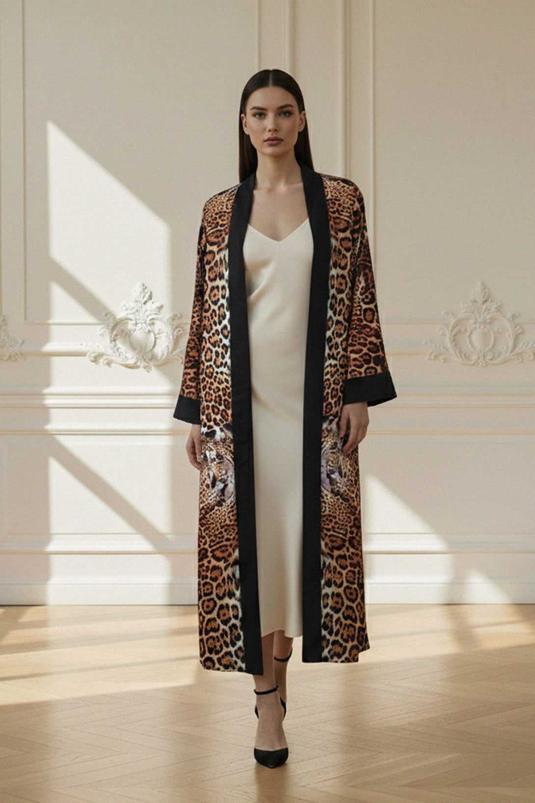 celebrity style robe Shahida-parides, silk kimono robe, long animal print, womens leopard robe, luxury fashion kimono