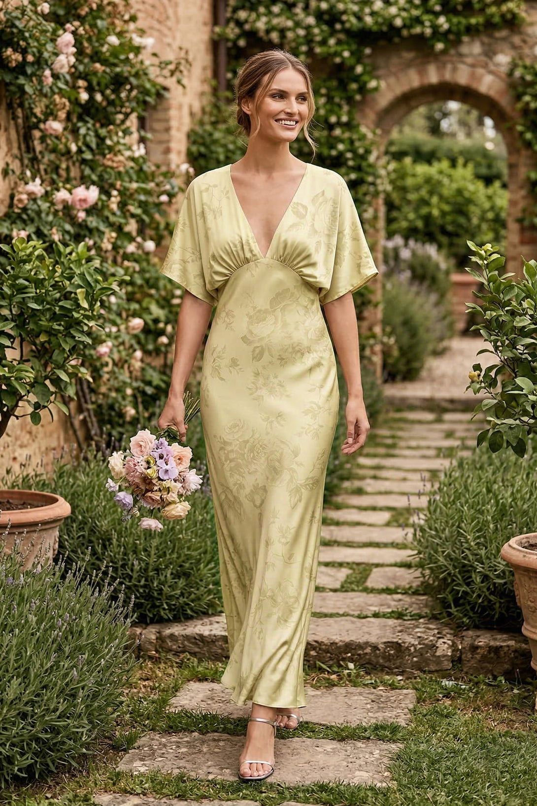 Standard / XS Shasi Champagne Floral Satin V-Neck Bridesmaid Dress with Flutter Sleeves- Destination Wedding Dress Standard / XS Shasi Champagne Floral Satin V-Neck Bridesmaid Dress with Flutter Sleeves- Destination Wedding Dress