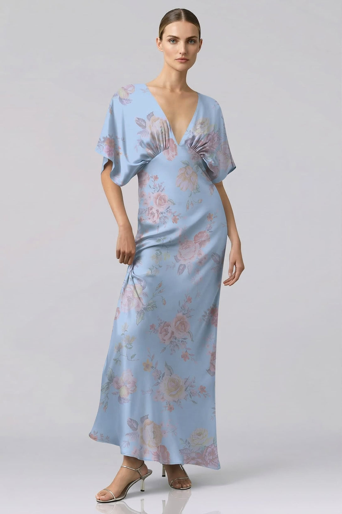 Shasi Dusty Blue Floral Satin Bridesmaid Dress | Beach Gown |Shahida   Shahida Parides