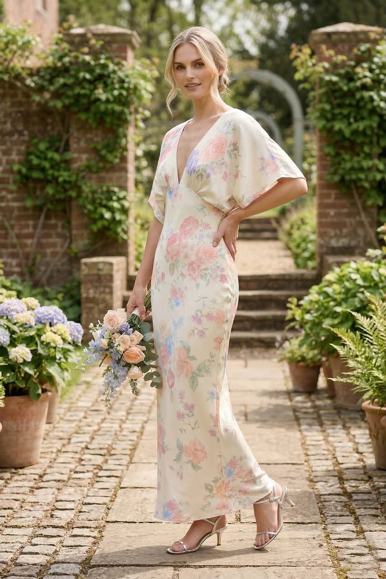 ivory and pink bridesmaid dresses Standard / XS Shasi Floral Satin V-Neck Dress with Flutter Sleeves Red Homecoming Dresses