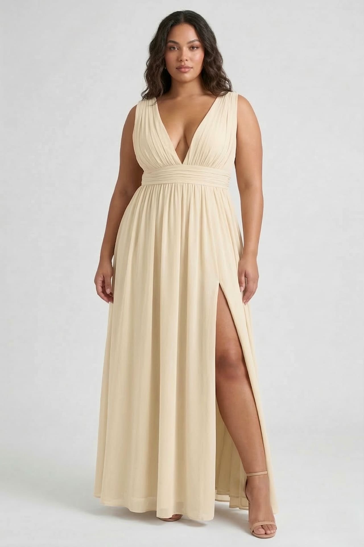 S / With Slit Champagne Heaven A-Line Wedding Guest Dress With V Neck by Shahsi S / With Slit Champagne Heaven A-Line Wedding Guest Dress With V Neck by Shahsi