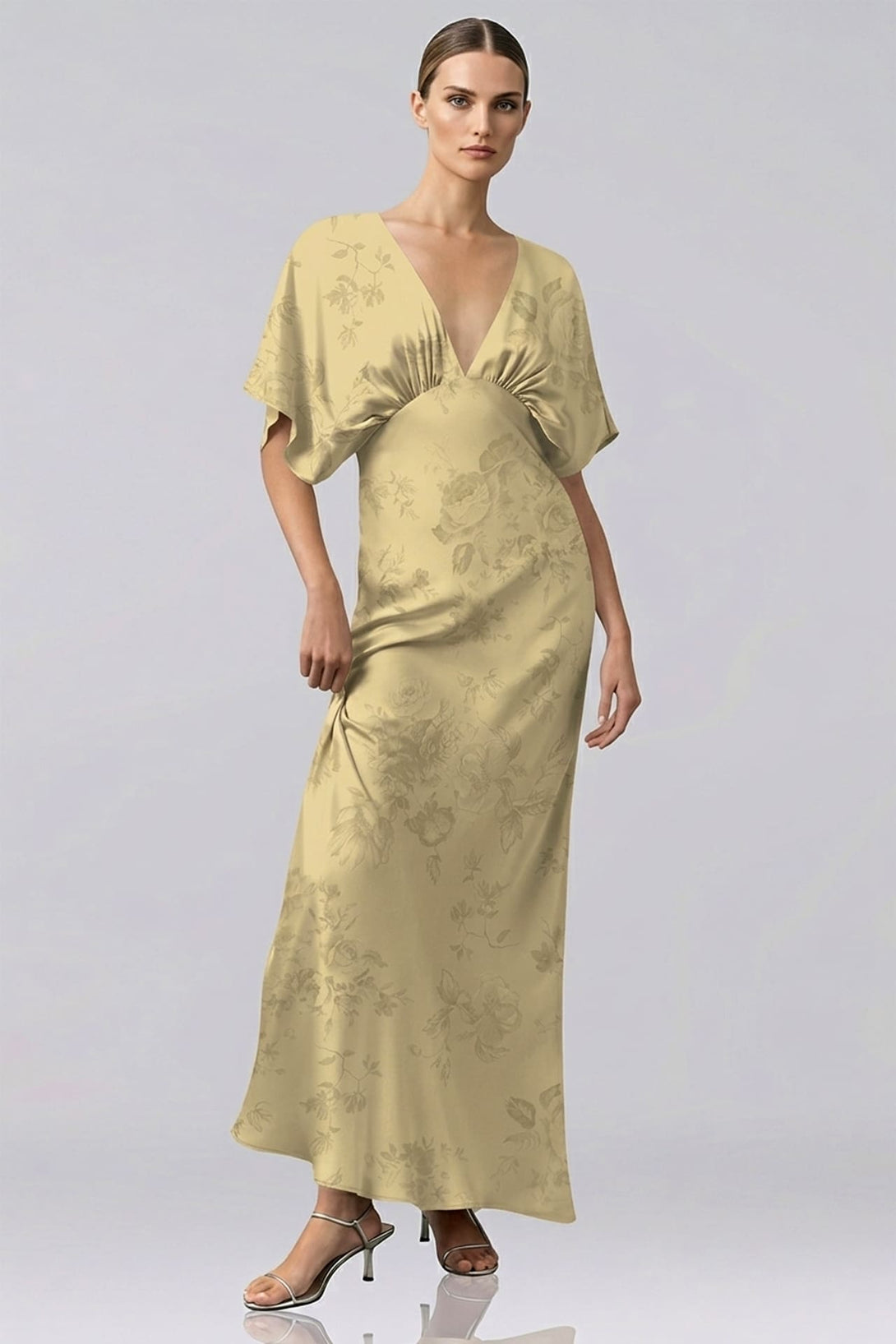 Champagne Floral Shasi Deep-V Flutter-Sleeve Satin A-Line Gown