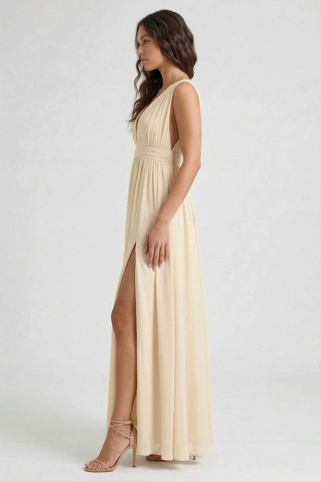 Champagne Chiffon Maxi Dress V-Neck