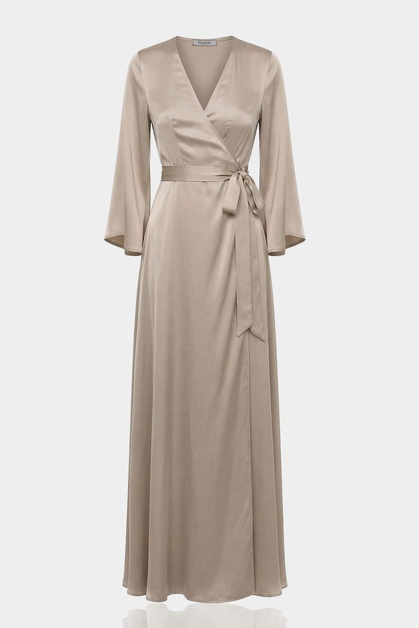 taupe long sleeve bridesmaid dresses Standard / XS Shasi Deep-V Flutter-Sleeve Satin A-Line Gown- Bridal Party Gown Stretch lace fabric through
