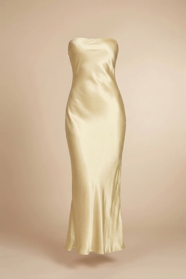 S Champagne Satin Strapless Dress for Wedding Guest