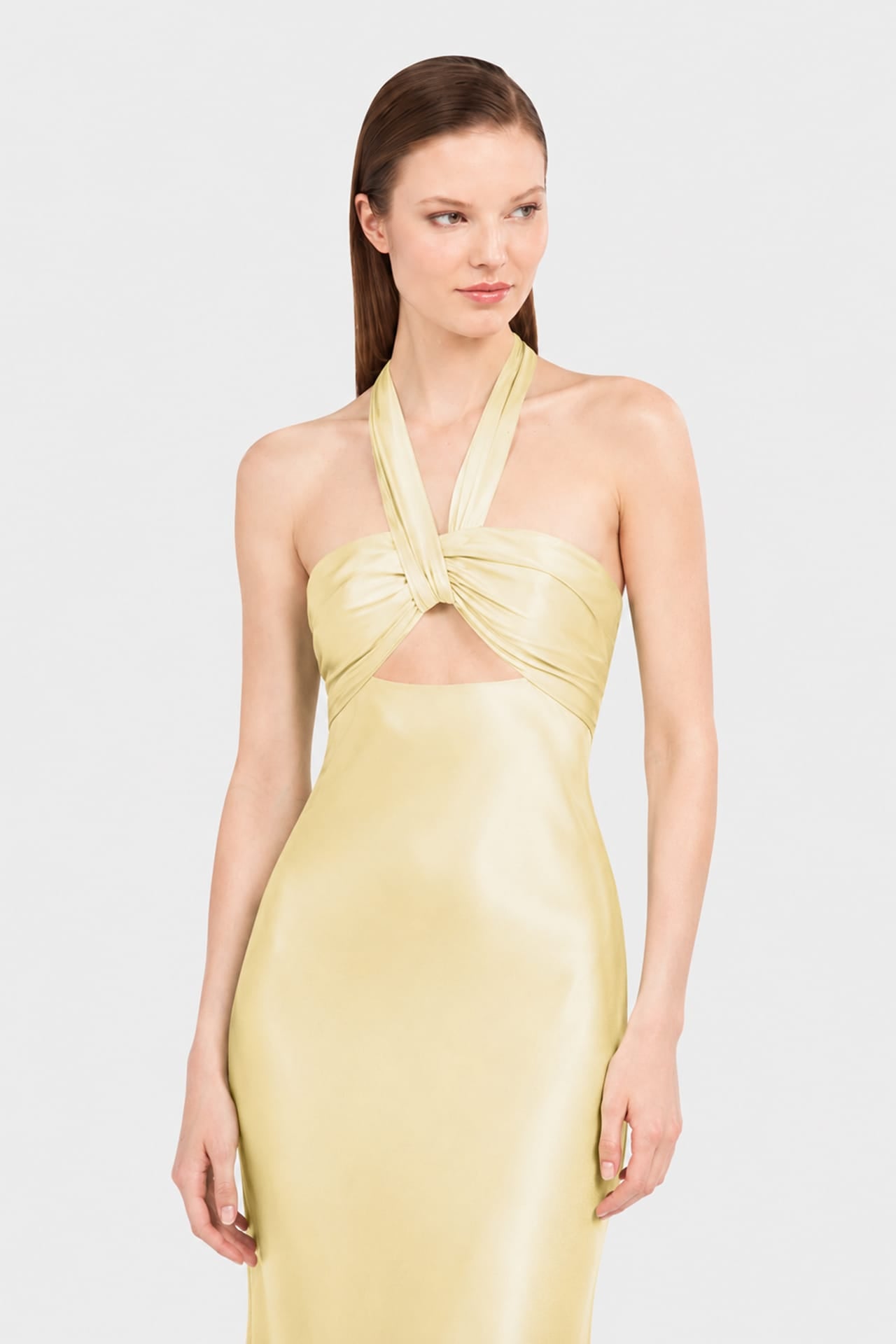 S Ruched Halter Satin Maxi Dress in Champagne