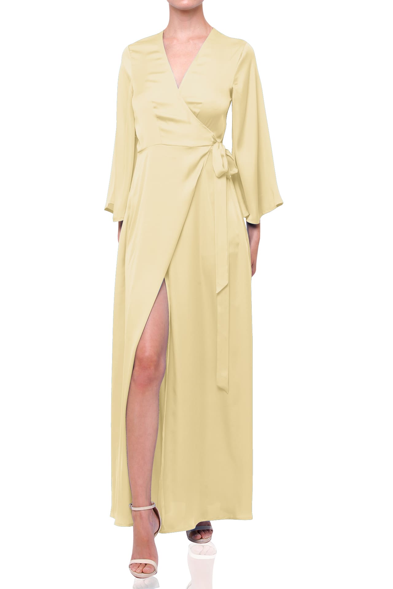 S Champagne Satin Wrap Bridesmaid Maxi Dress with Slit – Long Sleeve