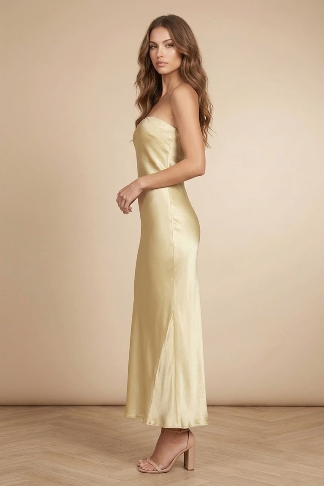 champagne satin midi dress Dance & Marvel Champagne Satin Cowl Midi Dress with Ruched Side New Large