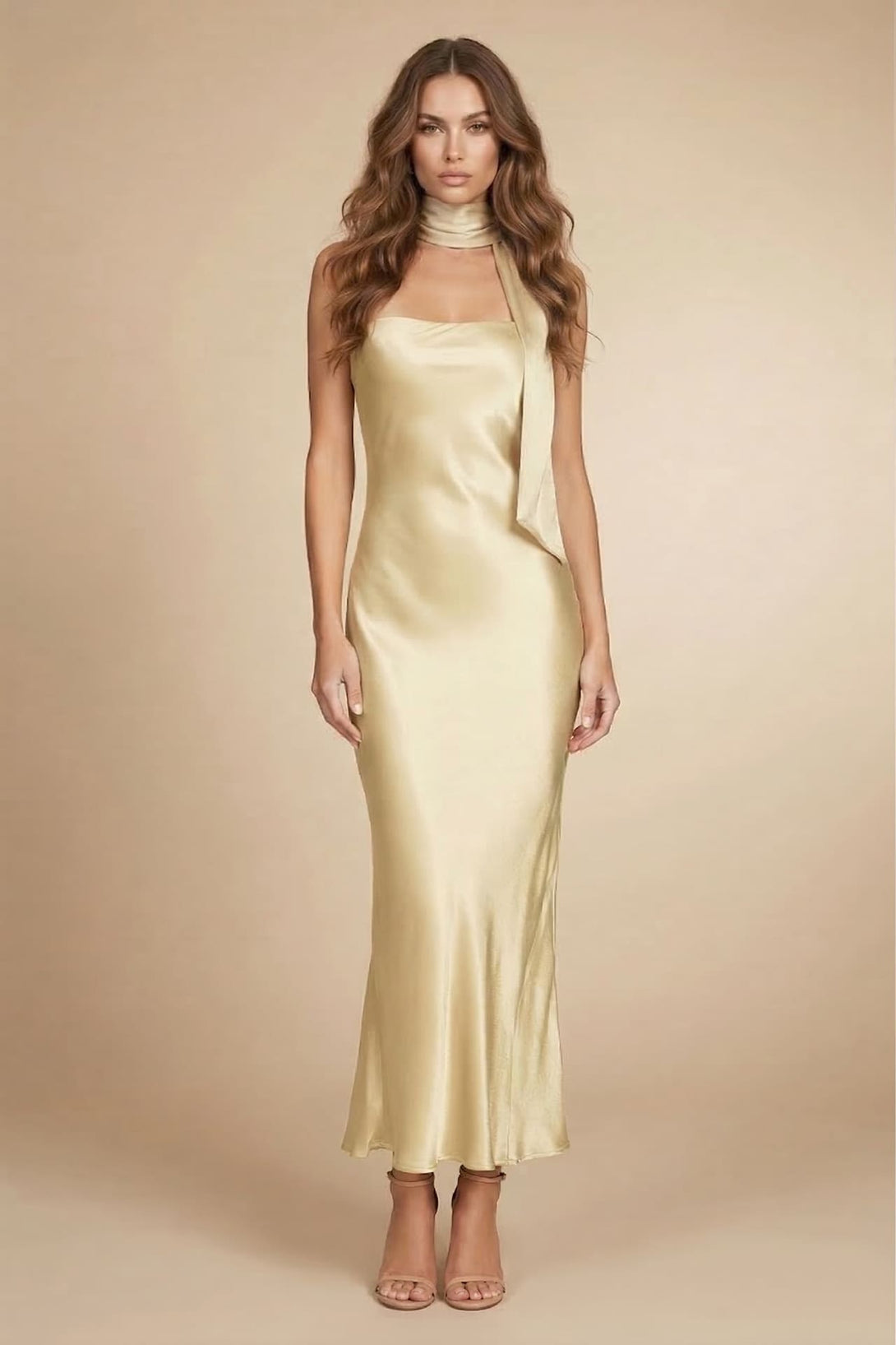 Champagne Strapless Satin Midi Dress for Weddings Shahida Parides Champagne Strapless Satin Midi Dress for Weddings Shahida Parides