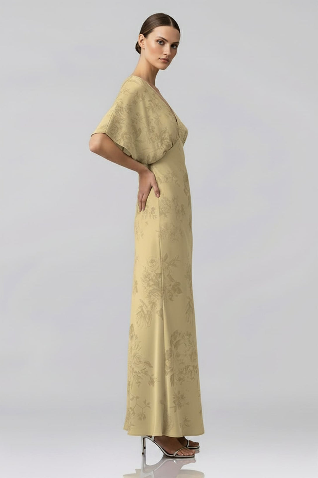 Champagne Floral Shasi Deep-V Flutter-Sleeve Satin A-Line Gown | Shahida Shahida Parides Champagne Floral Shasi Deep-V Flutter-Sleeve Satin A-Line Gown | Shahida Shahida Parides