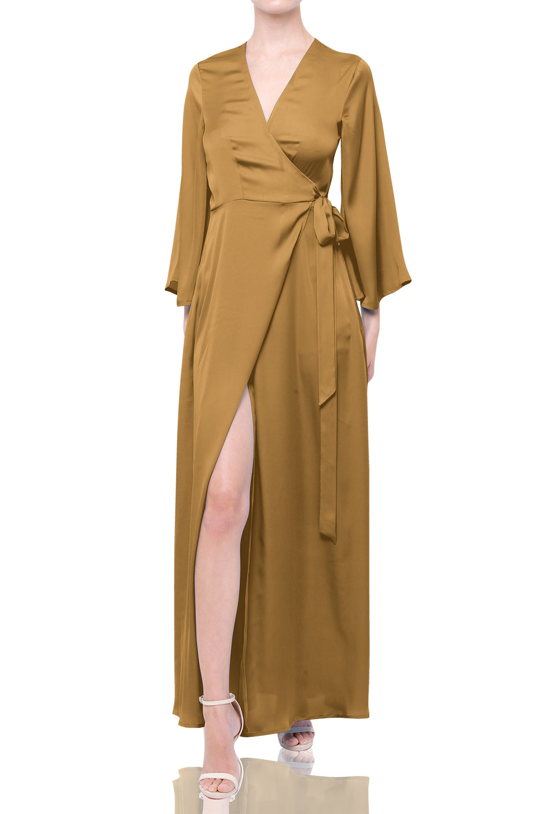 S Champagne Beige Satin Wrap Maxi Bridesmaid Dress – Long Sleeve Wedding Gown
