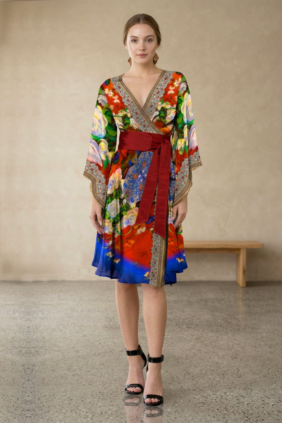 Red Floral Print Kimono Sleeve Wrap Dress
