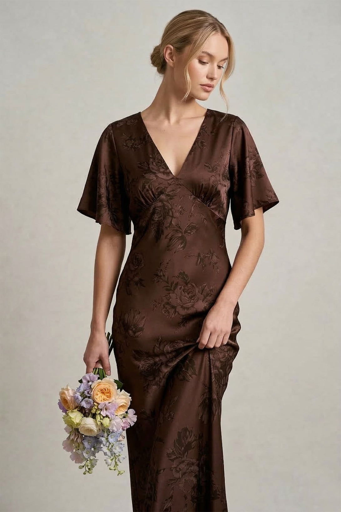 Standard / XS Shasi Chocolate V-Neck Floral Satin Bridesmaid Dress with Flutter Sleeves- Rustic Wedding Dress Standard / XS Shasi Chocolate V-Neck Floral Satin Bridesmaid Dress with Flutter Sleeves- Rustic Wedding Dress