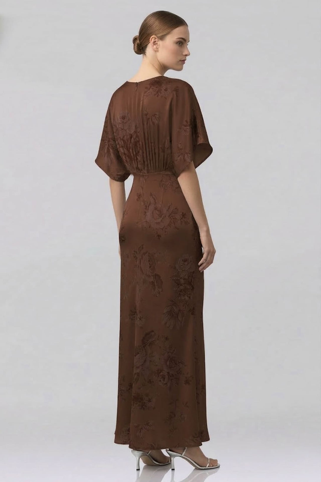 Standard / XS Shasi Chocolate V-Neck Floral Satin Bridesmaid Dress with Flutter Sleeves- Rustic Wedding Dress