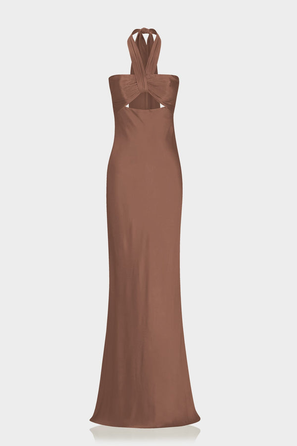 S Front Cut Out Satin Halter Maxi Dress