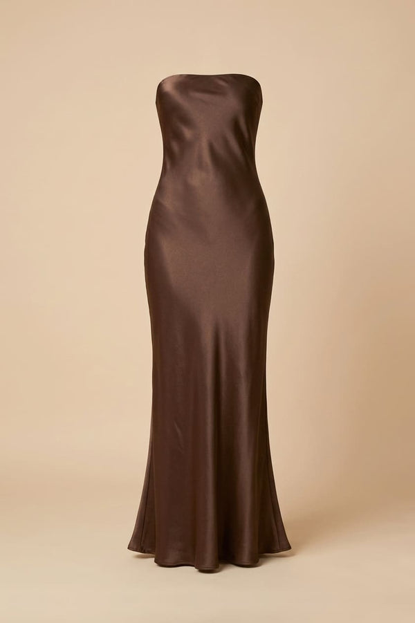 Designer Espresso Chocolate Strapless Satin Bridesmaid Dress – Shahida Parides