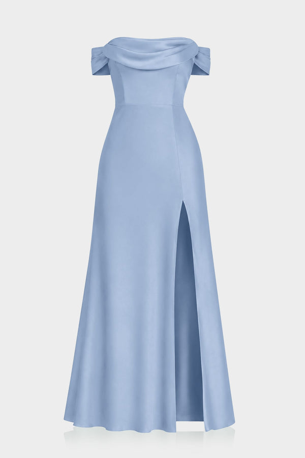 S Convertible Off Shoulder Steel Blue Bridesmaid Maxi Dress – Resort Wedding Dress
