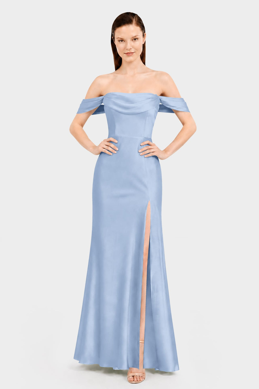 S Convertible Off Shoulder Steel Blue Bridesmaid Maxi Dress – Resort Wedding Dress