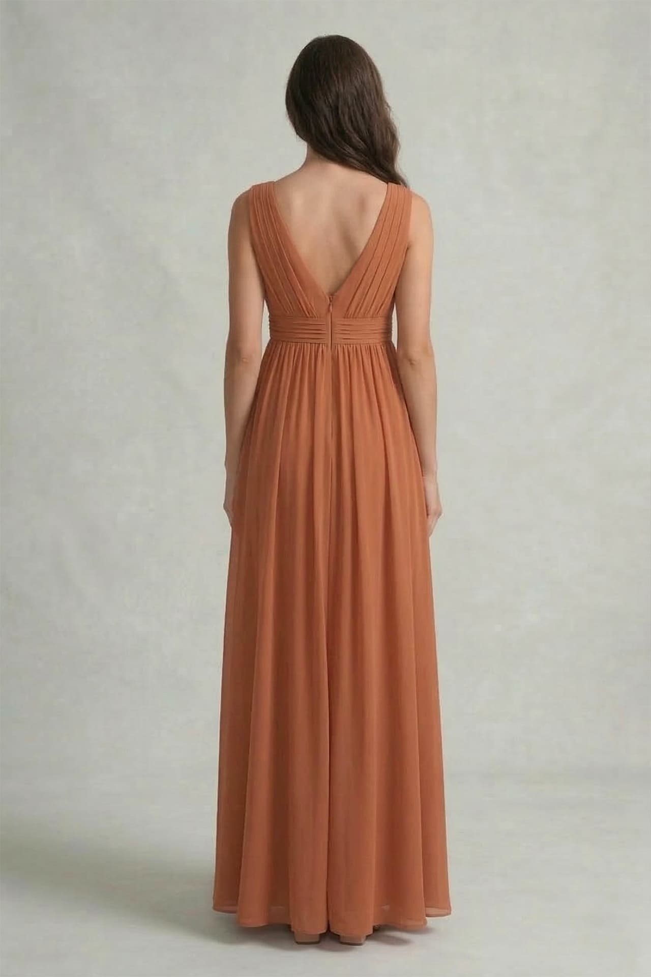 Copper Bridesmaid Dress V-Neck Metallic Maxi