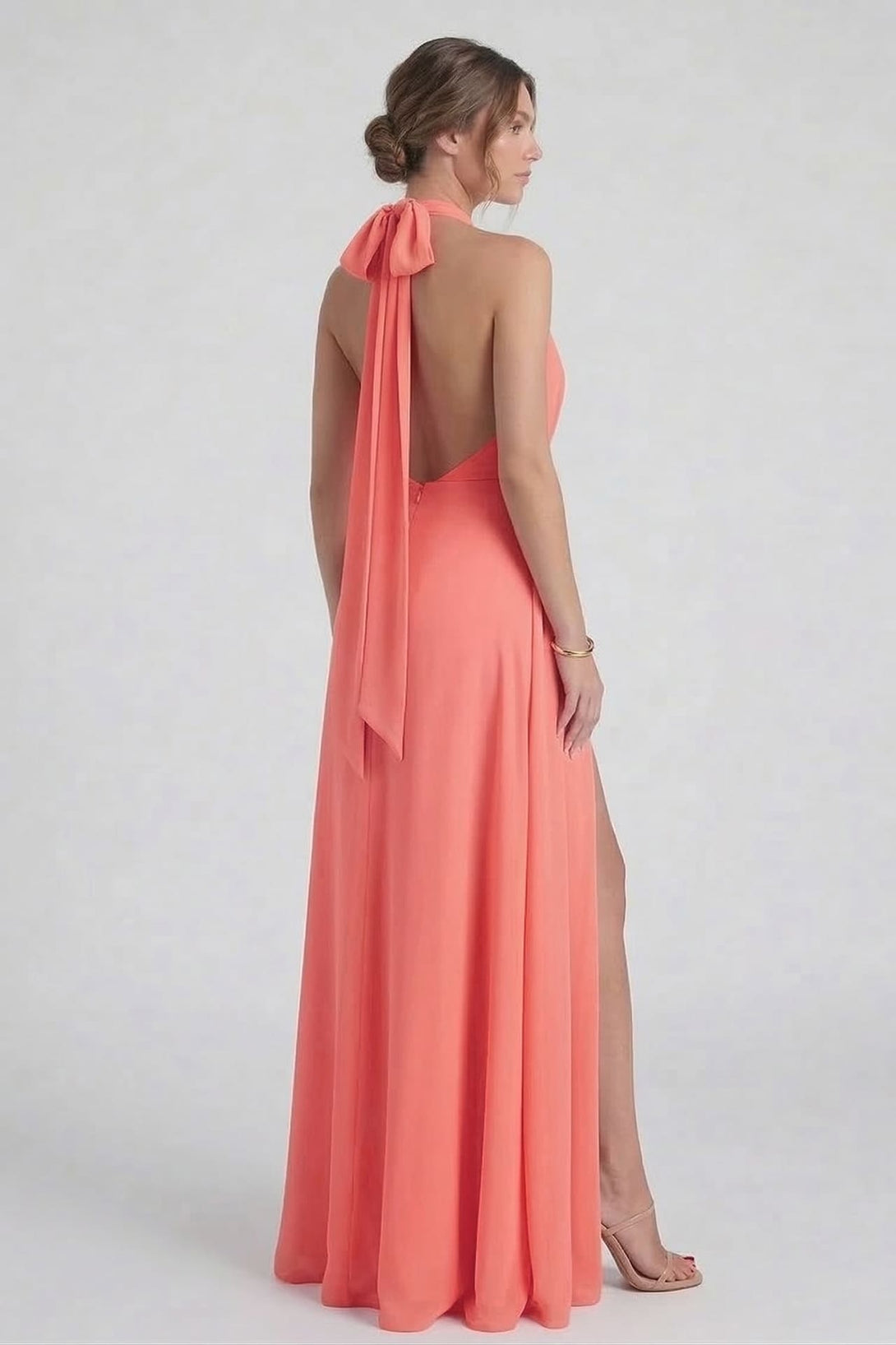 S Coral Chiffon Halter V-Neck Bridesmaid Maxi Dress with Flowing A-Line Skirt S Coral Chiffon Halter V-Neck Bridesmaid Maxi Dress with Flowing A-Line Skirt