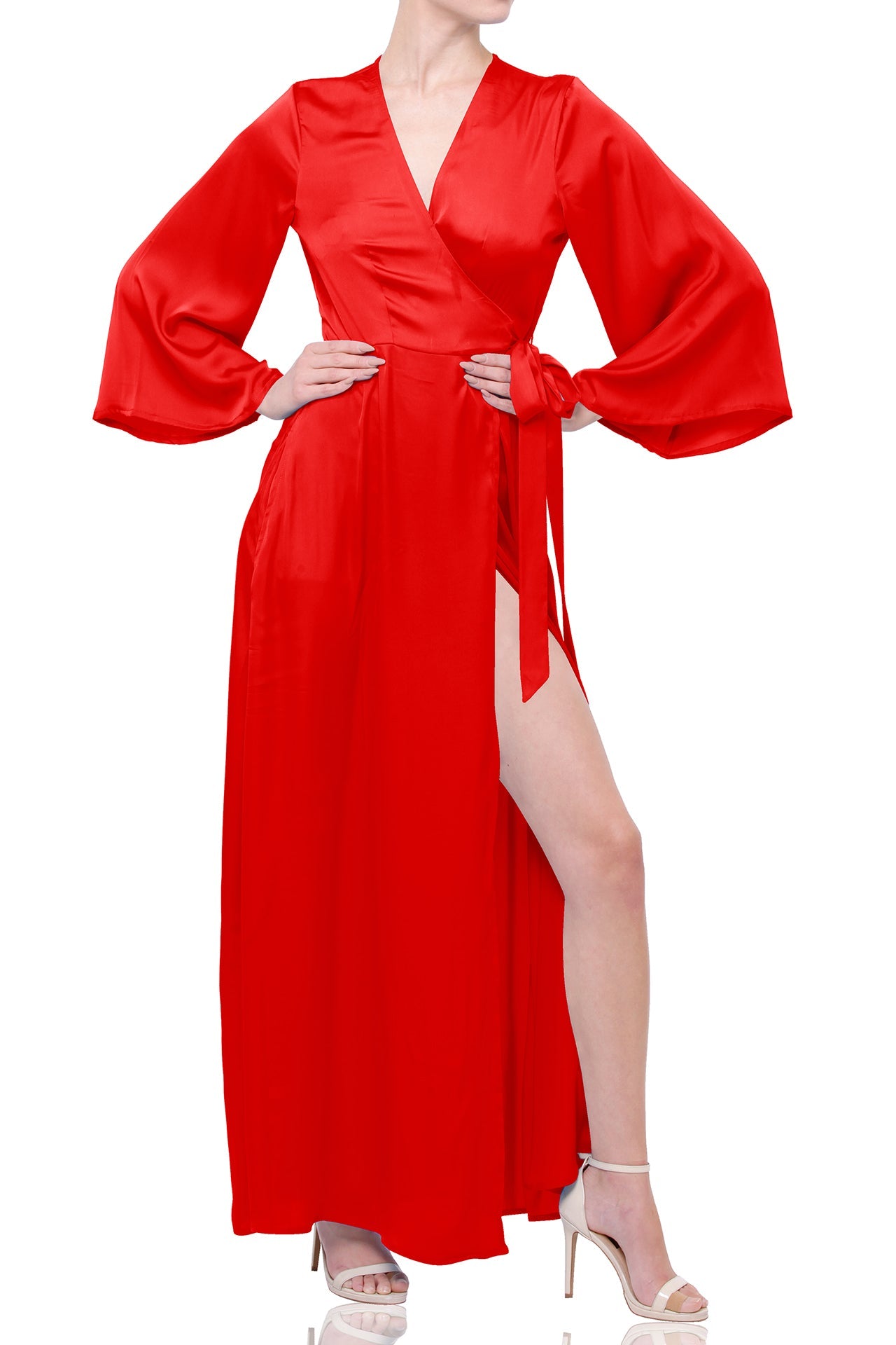 S Lava Falls Satin Wrap Maxi Dress – Long Sleeve Spring Summer Occasion Dress