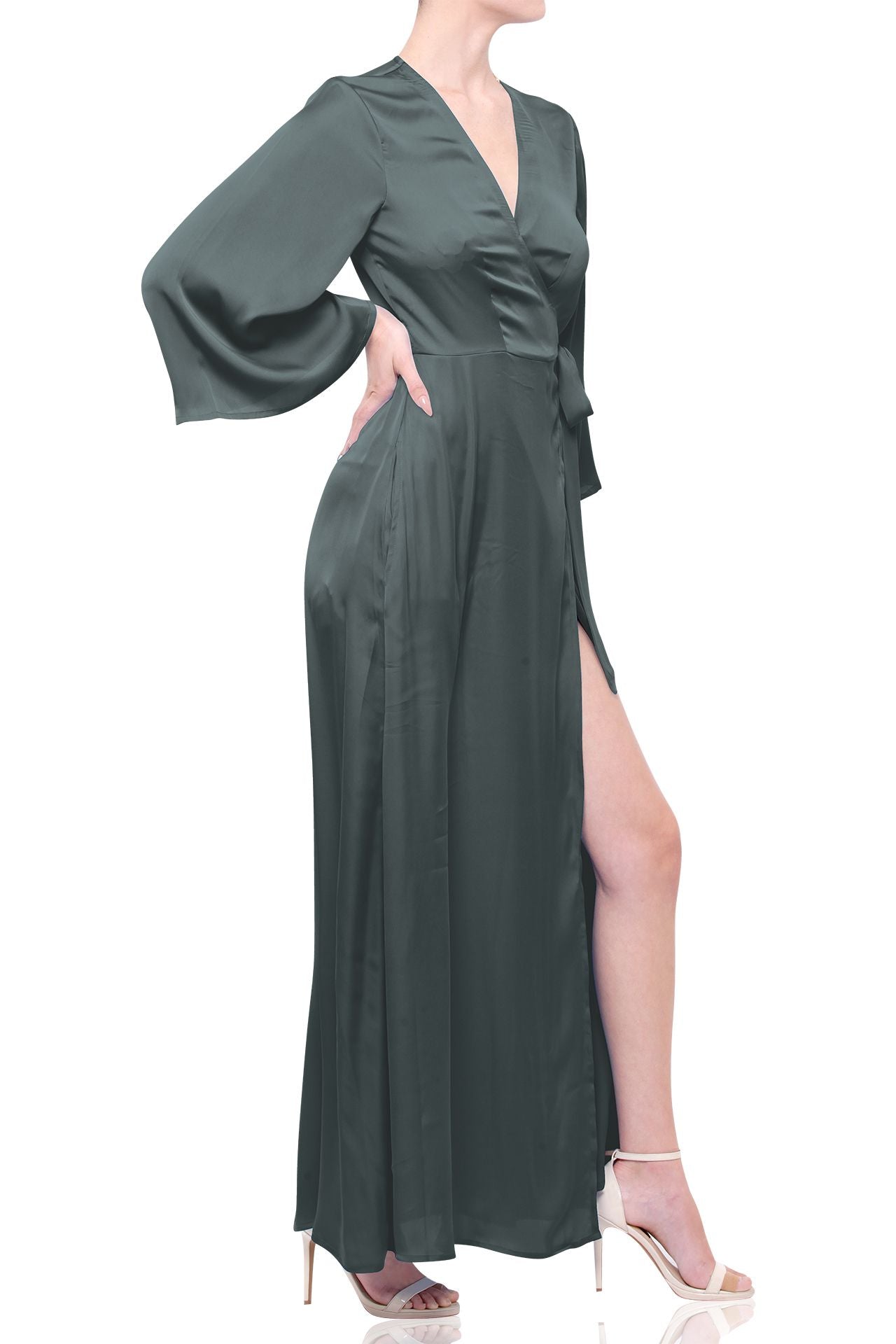 dark sage maxi dress S Dark Sage Long Sleeve Lightweight Wrap Dress for Tropical Travel
