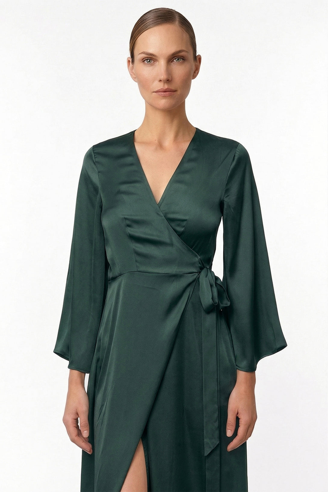 silk travel dress S Dark Sage Long Sleeve Lightweight Wrap Dress for Tropical Travel