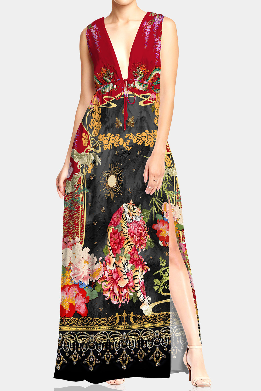 flowy maxi dress, dress with deep plunge, dress long dress, Shahida Parides,