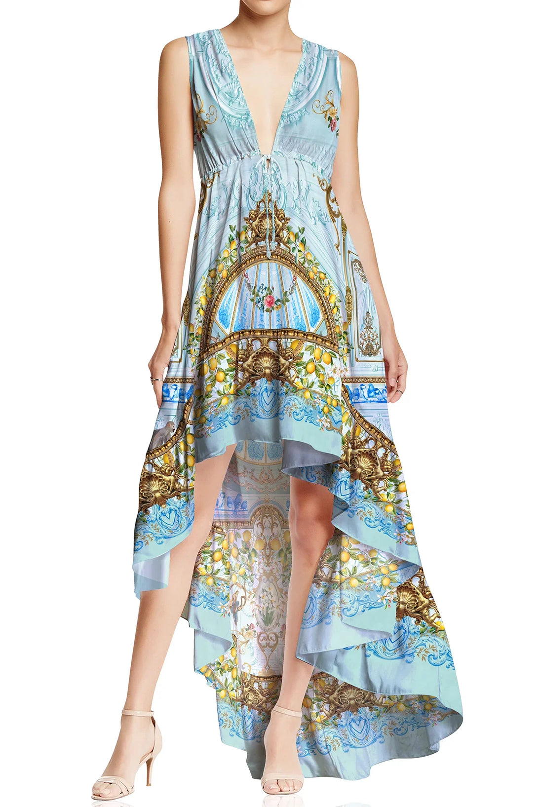 asymmetrical ruffle dress, deep plunge neckline dress, deep v dress, Shahida Parides,