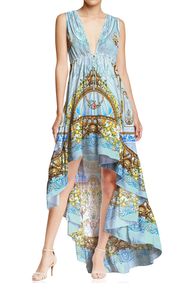 asymmetrical ruffle dress, deep plunge neckline dress, deep v dress, Shahida Parides,