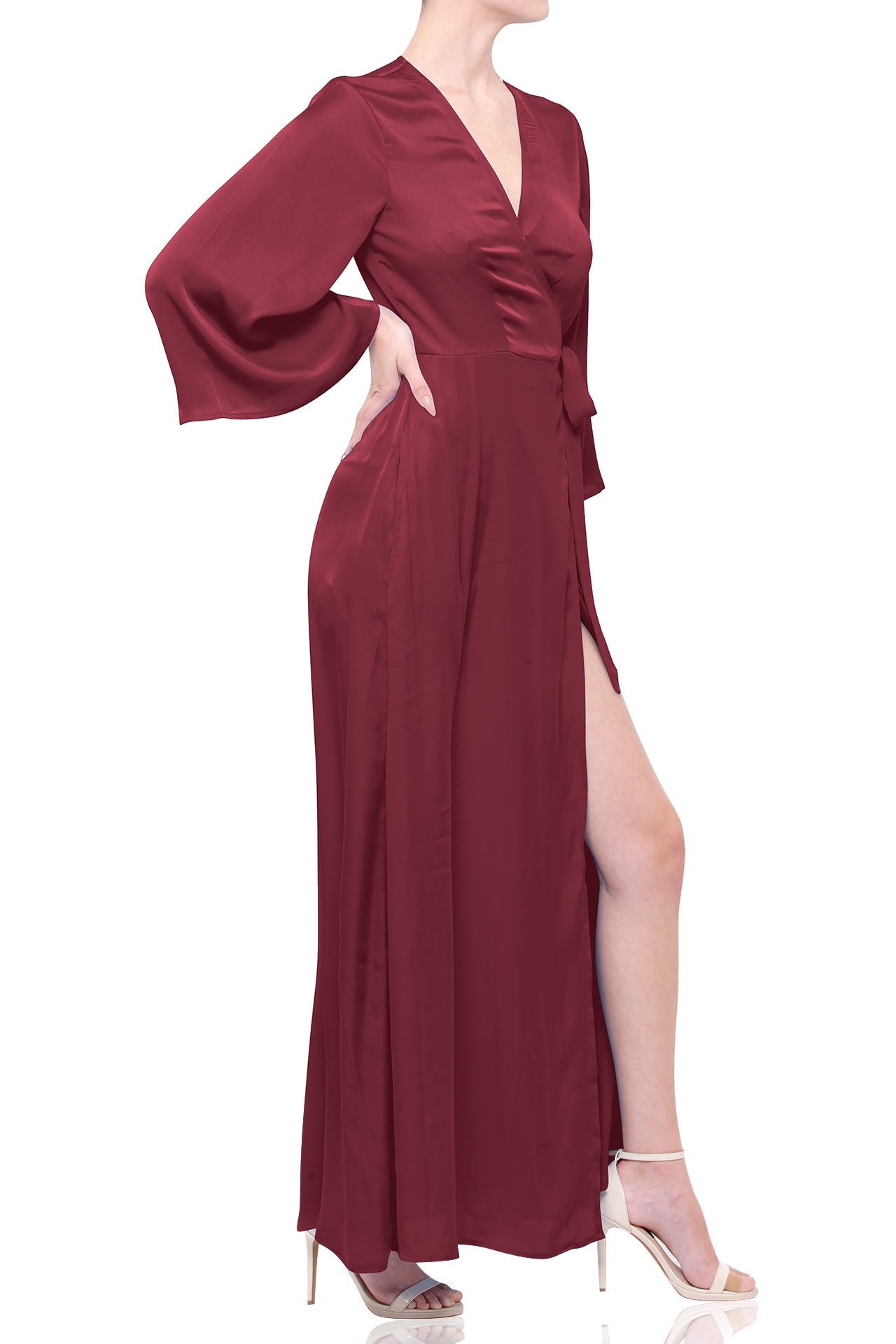 S Chocolate Brown Satin Wrap Maxi Dress – Elegant Evening & Occasion Dress