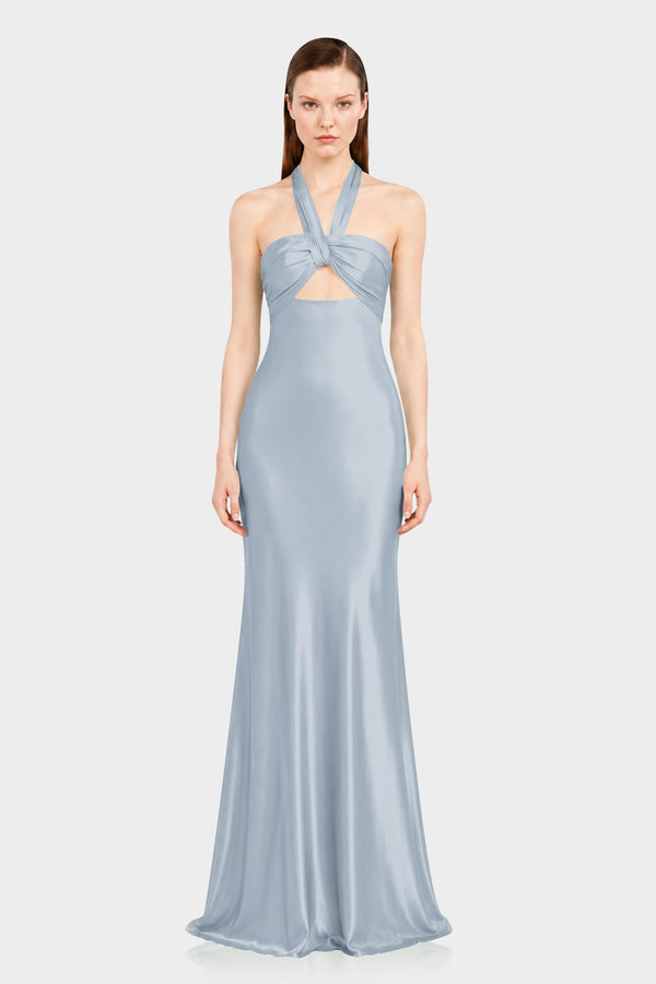 matte satin dusty blue bridesmaid dresses Azazie Maksim