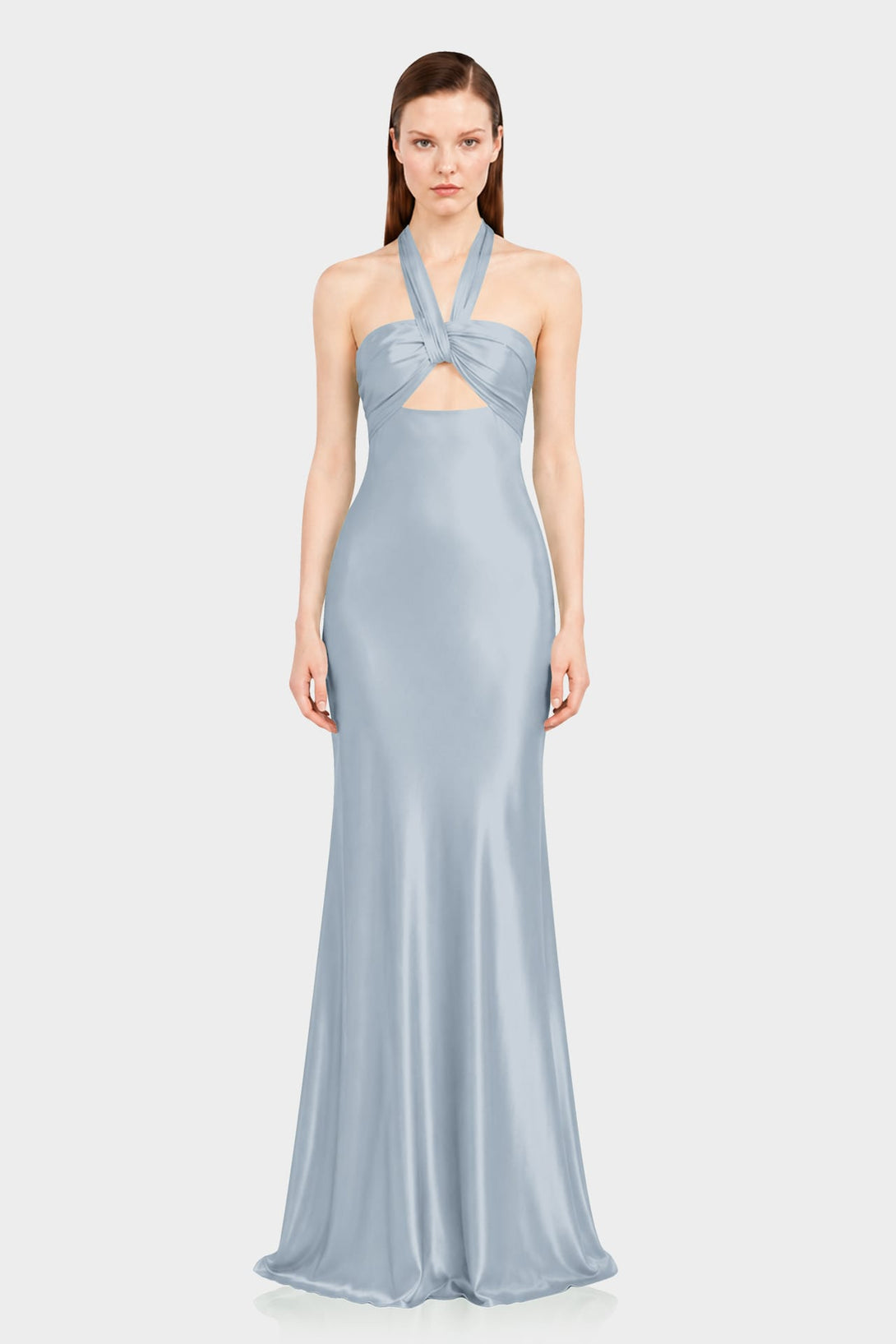 S Designer Dusty Blue Ruched Halter Neck Satin Evening Gown for Wedding Guests & Bridesmaids