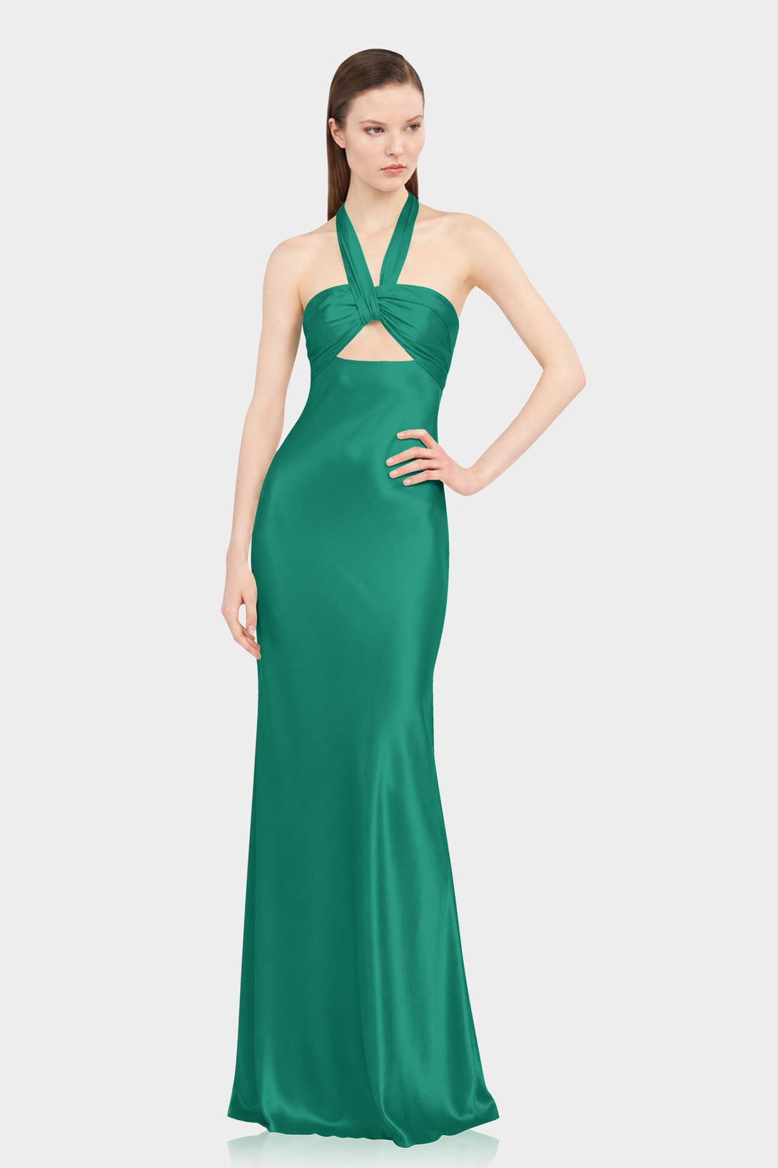 S Luxury Emerald Green Matte Satin Halter Maxi Dress for Weddings & Formal Events
