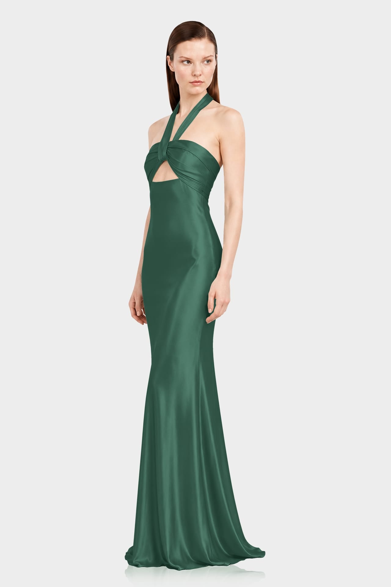 S Hunter Green Matte Satin Halter Maxi Dress with Twist Front & Open Back