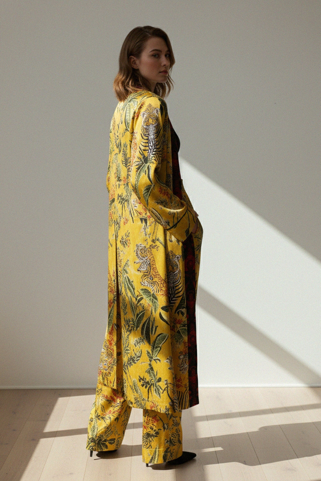 designer kimono, bold yellow, tiger print, leaf pattern, luxury lounge, resort chic, silk statement