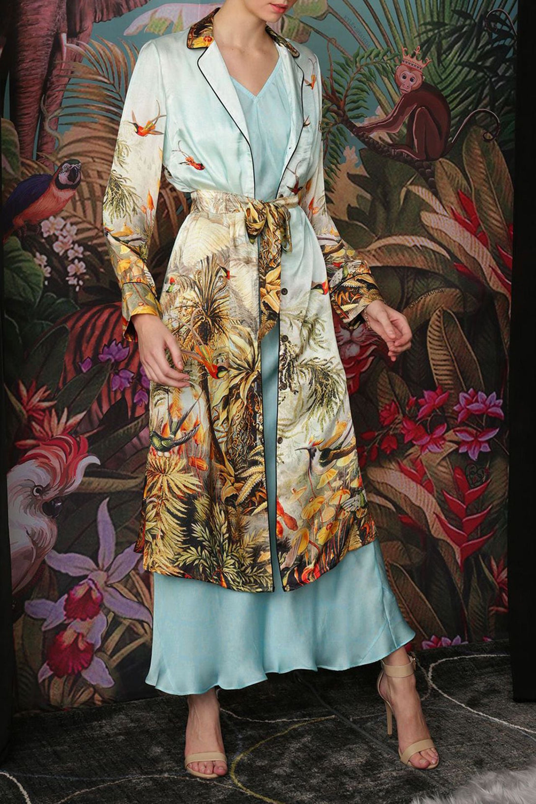 designer silk robe, long silk robe, bird print robe, luxury lounge wear, silk kimono coat