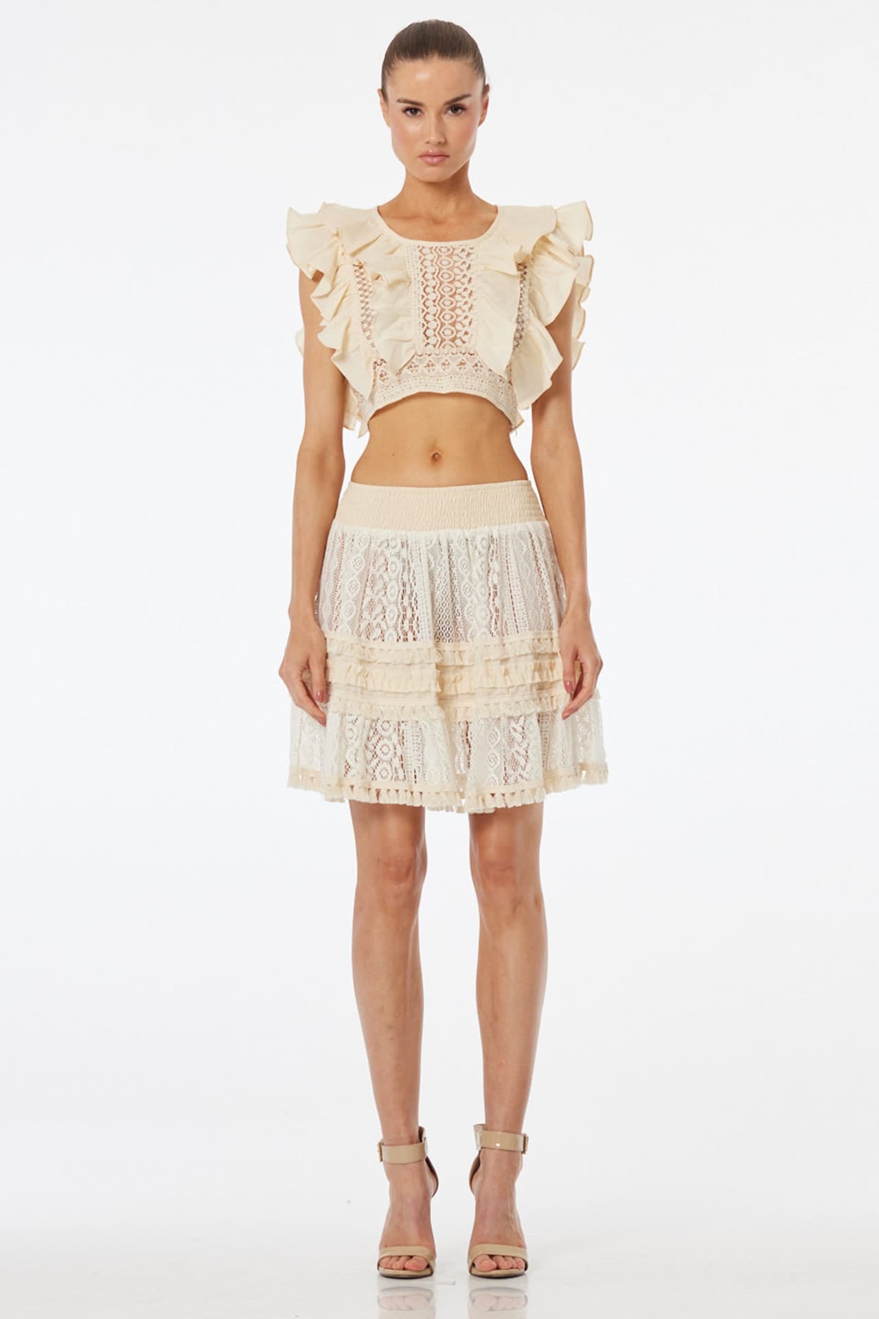 White Ruffle Crop Top with Lace Detail – Shahida Parides