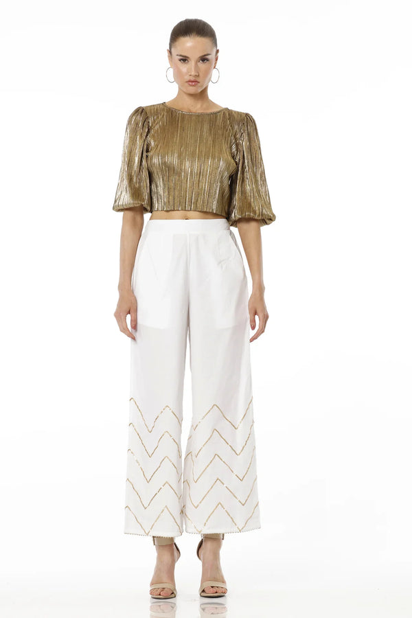 White & Gold Solid Pant