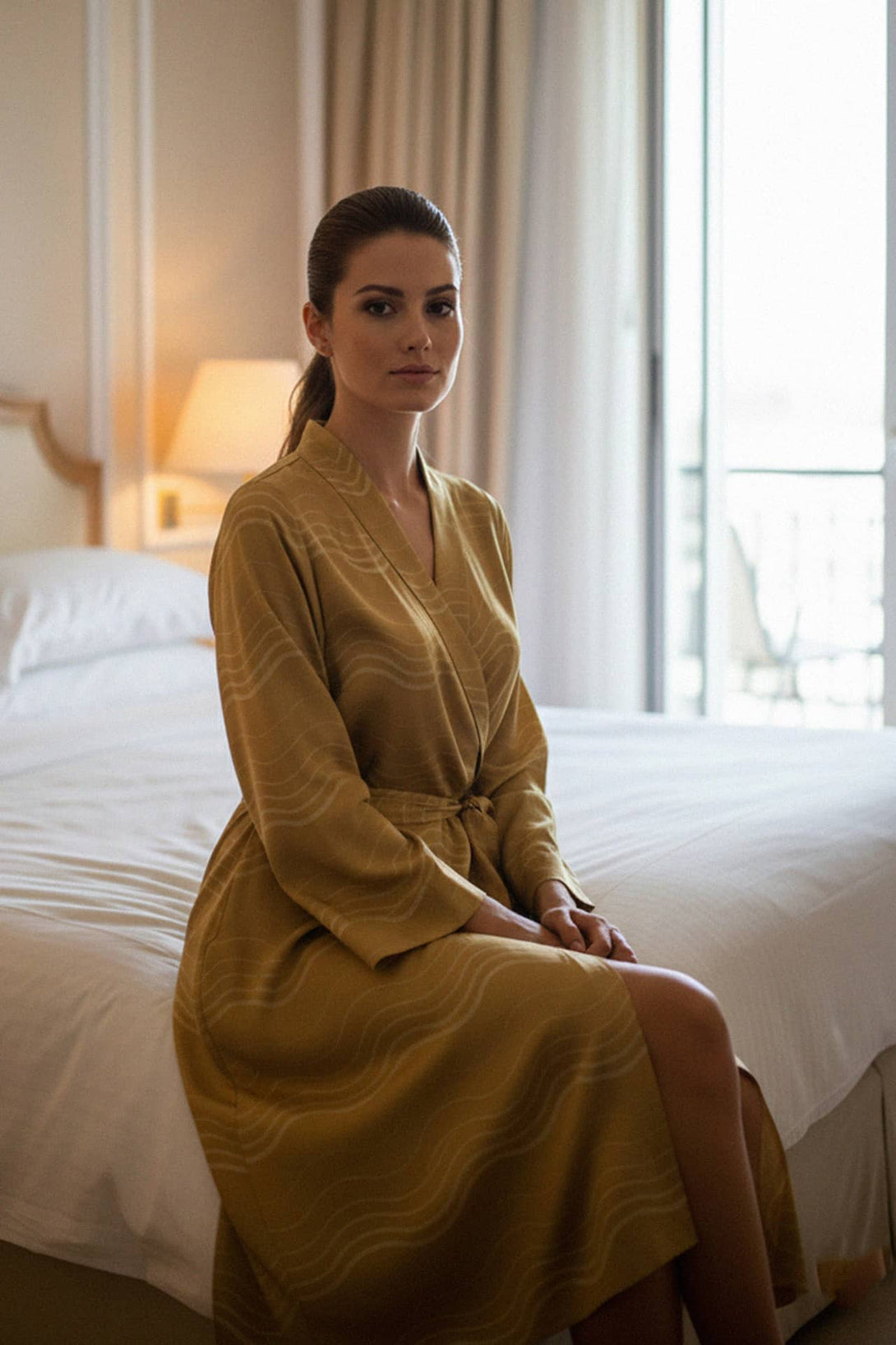 silk printed wrap, collared midi piece, chic robe fashion, luxury women wear, elegant printed style, Kyle Shahida silk