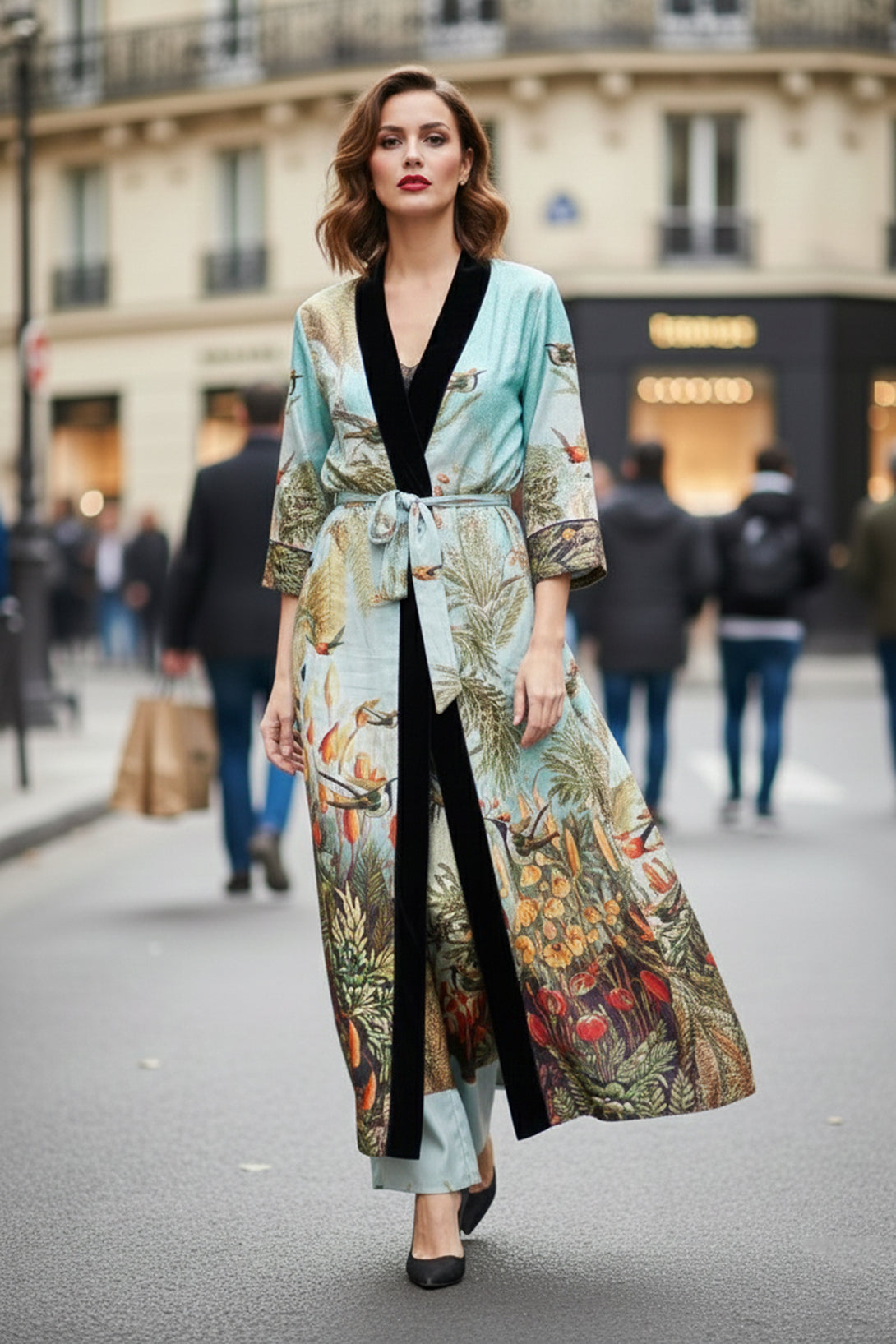 silk robe women, nature print robe, santorini trench coat, womens designer robe, shahida parides, luxury womenswear