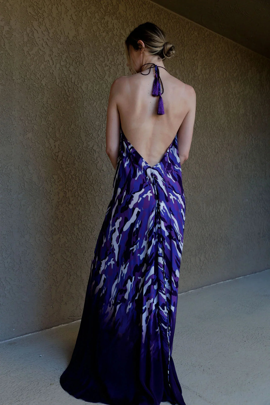 strapless open back dress Royal Violet Abstract Silk Halter Maxi Dress