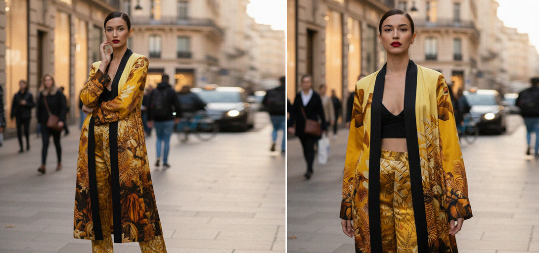 shahida parides, silk kimono womens, resort chic kimono, elegant silk robe, printed floral kimono