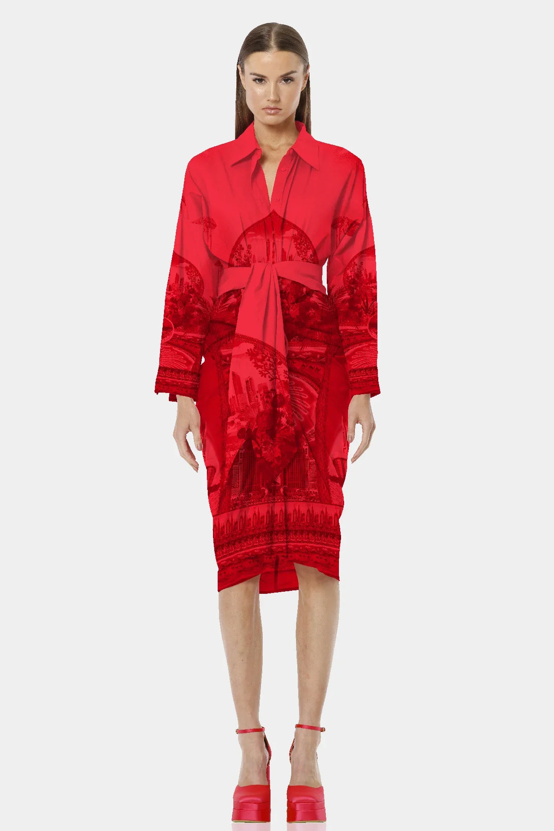 red shirt midi dress Linen Blend Shirt Midi Dress