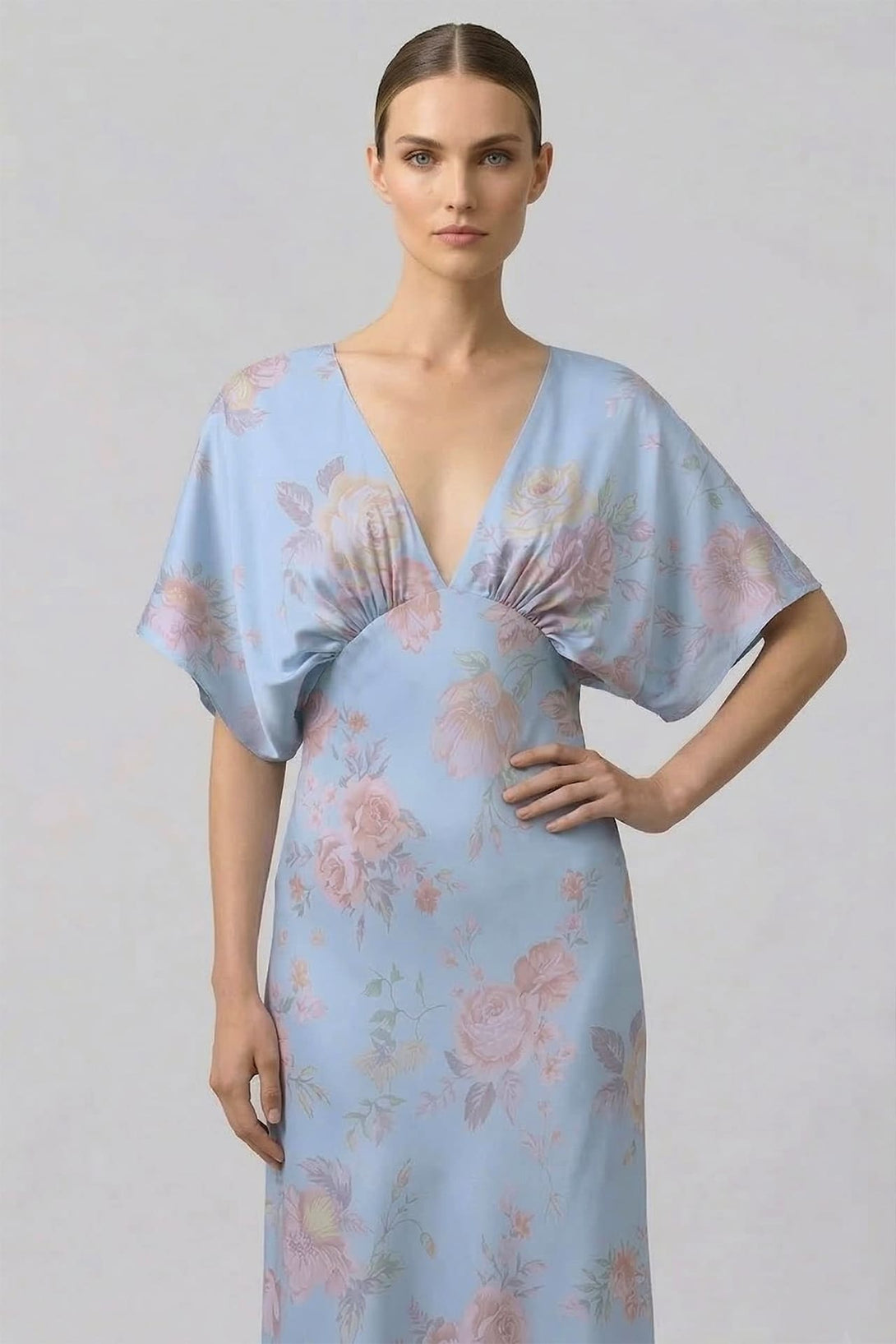 Shasi Dusty Blue Floral Satin Bridesmaid Dress | Beach Gown |Shahida   Shahida Parides