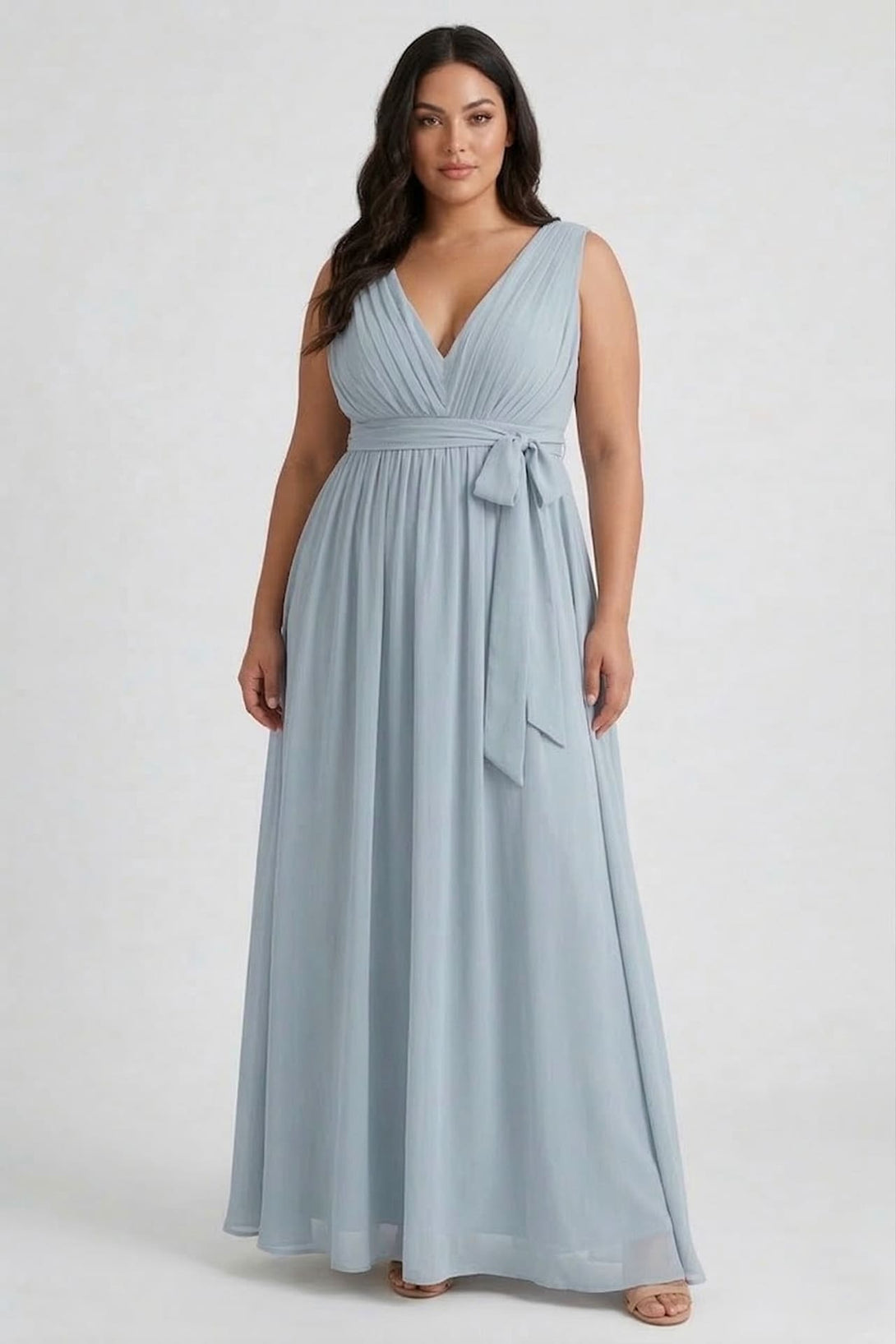 S / With Slit Dusty Blue Heaven Hue V-Neck Chiffon Maxi Dress by Shahsi S / With Slit Dusty Blue Heaven Hue V-Neck Chiffon Maxi Dress by Shahsi
