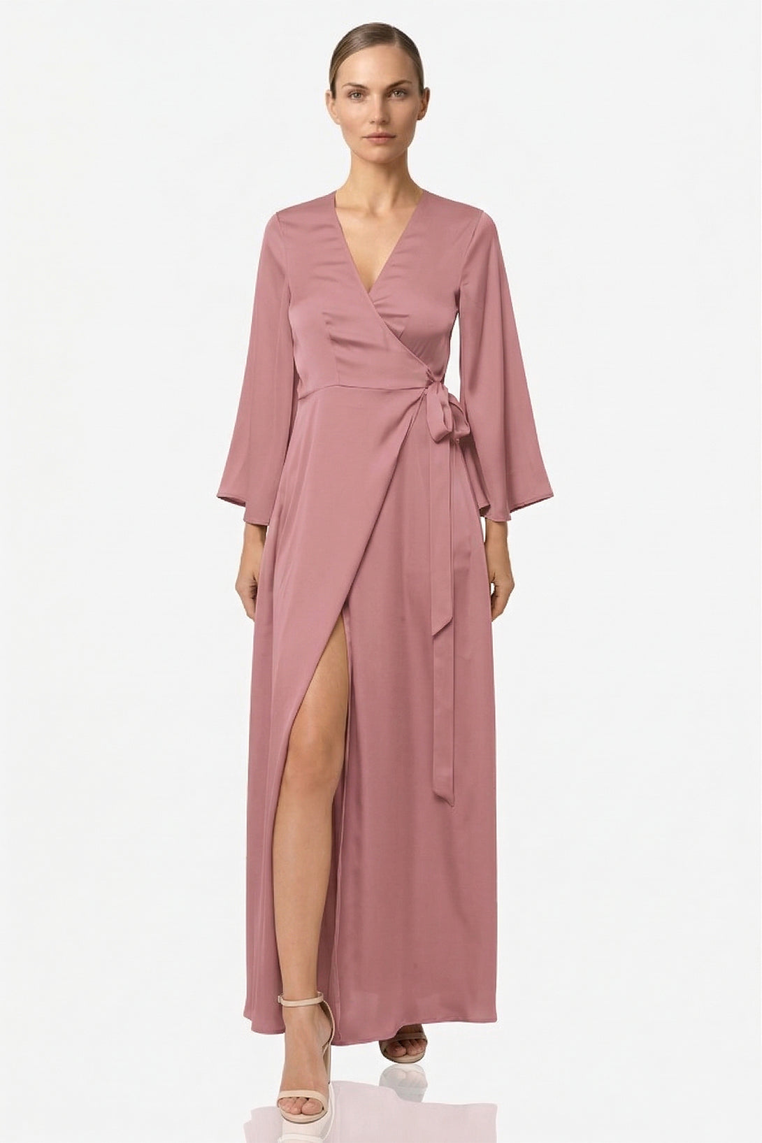 Dusty Rose Satin Maxi Wrap Bridesmaid Dress for Weddings | Shahida   Shahida Parides