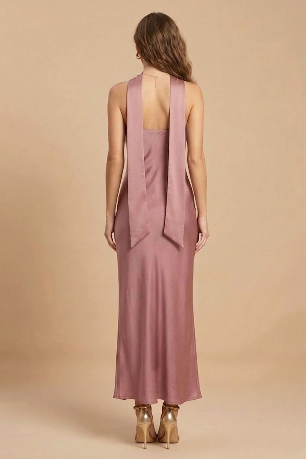 dusty rose wedding guest dress S Dusty Rose Satin Strapless Midi Dress for Wedding Guest