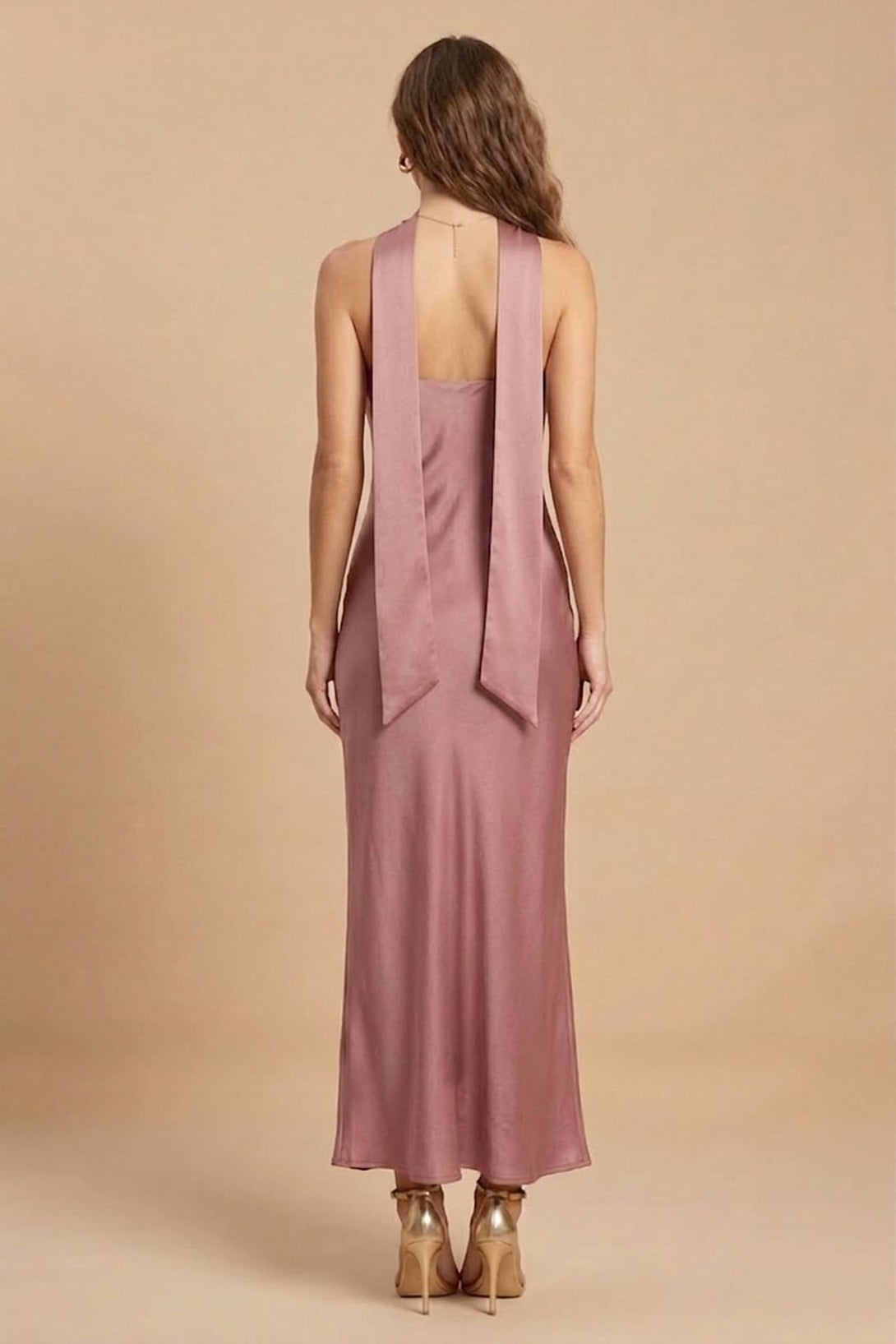 S Dusty Rose Satin Strapless Midi Dress for Wedding Guest